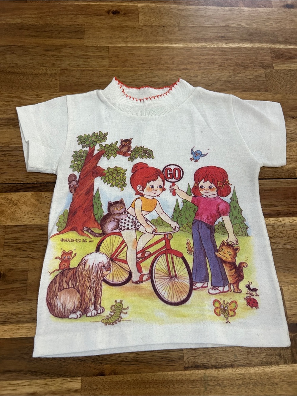 Vintage Girls healthtex White Tee with Red-Bike & Retro Kids Graphic
